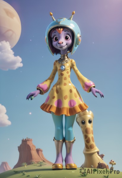 1girl,solo,looking at viewer,blush,smile,short hair,black hair,long sleeves,dress,jewelry,standing,full body,boots,outdoors,sky,day,cloud,necklace,black eyes,blue sky,colored skin,short dress,moon,helmet,grass,polka dot,robot,blue skin,yellow dress,mushroom,grey skin,purple skin,alien,polka dot dress,teeth,puffy sleeves,full moon,tree stump