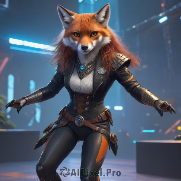 1girl,solo,long hair,breasts,looking at viewer,animal ears,jewelry,medium breasts,standing,jacket,tail,weapon,belt,pants,orange hair,armor,blurry,black jacket,fox ears,blurry background,fox tail,black pants,knife,brooch,gauntlets,gem,claws,corset,furry,colored sclera,furry female,badge,fox,orange fur,blue eyes,long sleeves,bodysuit,brown belt