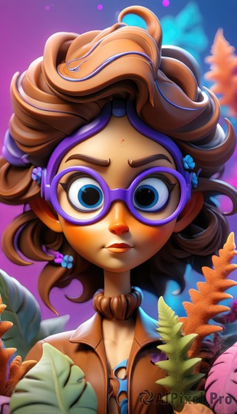 1girl,solo,looking at viewer,short hair,blue eyes,brown hair,hair ornament,jewelry,upper body,flower,earrings,parted lips,glasses,pointy ears,artist name,hair flower,dark skin,necklace,dark-skinned female,lips,eyelashes,makeup,leaf,watermark,facial mark,plant,freckles,purple background,curly hair,multicolored hair,blurry,depth of field