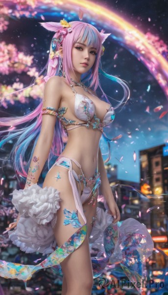 1girl,solo,long hair,breasts,looking at viewer,bangs,hair ornament,navel,animal ears,cleavage,bare shoulders,brown eyes,jewelry,medium breasts,closed mouth,underwear,blue hair,standing,swimsuit,pink hair,flower,bikini,multicolored hair,outdoors,sky,hair flower,necklace,blurry,two-tone hair,lips,petals,tattoo,makeup,night,blurry background,white bikini,cherry blossoms,revealing clothes,armlet,realistic,large breasts,parted lips,artist name,pink eyes,gradient hair,watermark,feathers,butterfly,star (sky),night sky,bikini armor