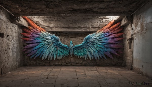 outdoors,wings,indoors,no humans,shadow,scenery,feathered wings,stairs,door,wall,brick wall,blue wings,spread wings,day,feathers,tiles,crack,colorful,multicolored wings,graffiti,stone floor,stone wall,cracked wall