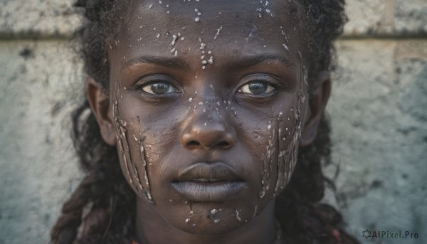 1girl,solo,long hair,looking at viewer,blue eyes,brown hair,black hair,1boy,closed mouth,braid,male focus,dark skin,water,blurry,lips,wet,grey eyes,blurry background,portrait,freckles,reflection,realistic,parted lips,teeth,dark-skinned female,close-up