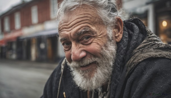 solo,looking at viewer,1boy,closed mouth,jacket,upper body,white hair,male focus,outdoors,blurry,black eyes,blurry background,facial hair,portrait,beard,realistic,mustache,manly,old,old man,wrinkled skin,smile,grey hair,scarf,lips,black jacket,grey eyes,depth of field,building,house,black scarf