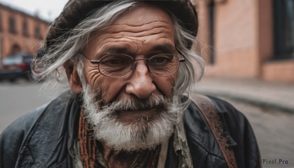 solo,looking at viewer,shirt,1boy,hat,closed mouth,jacket,upper body,white hair,grey hair,male focus,outdoors,glasses,collared shirt,blurry,black jacket,black headwear,depth of field,blurry background,facial hair,ground vehicle,portrait,motor vehicle,beard,black-framed eyewear,cigarette,realistic,round eyewear,mustache,smoking,car,old,old man,wrinkled skin,day,sunglasses,building,smoke,manly,denim jacket