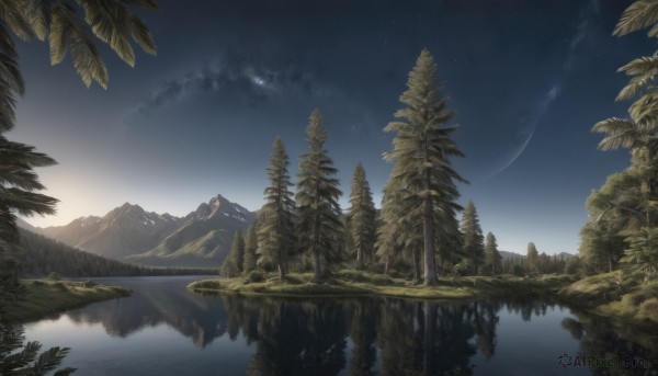 outdoors,sky,cloud,water,tree,no humans,night,moon,plant,star (sky),nature,night sky,scenery,forest,starry sky,reflection,mountain,river,landscape,lake,signature,pine tree