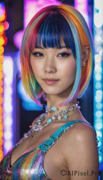 1girl,solo,breasts,looking at viewer,smile,short hair,bangs,large breasts,black hair,cleavage,bare shoulders,brown eyes,jewelry,medium breasts,closed mouth,blue hair,upper body,multicolored hair,earrings,artist name,necklace,star (symbol),blurry,black eyes,two-tone hair,lips,streaked hair,eyelashes,makeup,blurry background,watermark,web address,freckles,realistic,nose,pearl necklace,rainbow hair,swimsuit,pink hair,heart,bikini,blunt bangs,orange hair,from side,bob cut,lipstick,bikini top only,multicolored clothes,mascara