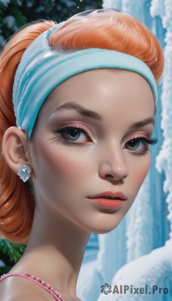 1girl,solo,looking at viewer,blue eyes,bare shoulders,jewelry,hairband,earrings,parted lips,orange hair,blurry,lips,eyelashes,makeup,blurry background,watermark,lipstick,portrait,snow,close-up,eyeshadow,freckles,realistic,nose,red lips,brown hair