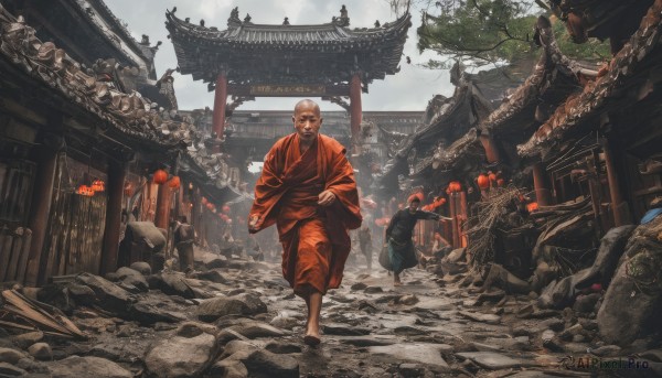 long sleeves,standing,male focus,outdoors,japanese clothes,multiple boys,sky,day,wide sleeves,kimono,tree,hand on hip,facial hair,building,scenery,beard,walking,6+boys,lantern,rock,mustache,red kimono,torii,bald,architecture,old,east asian architecture,old man,paper lantern,statue,shrine,stone lantern,pagoda,1boy,barefoot,2boys