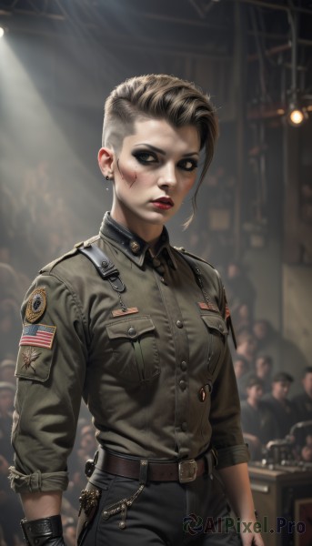 1girl,breasts,looking at viewer,short hair,blonde hair,brown hair,shirt,gloves,long sleeves,jewelry,standing,weapon,cowboy shot,earrings,parted lips,solo focus,collared shirt,belt,pants,indoors,nail polish,blurry,uniform,black eyes,bracelet,lips,military,blood,military uniform,makeup,buttons,blurry background,chain,scar,black pants,denim,lipstick,black nails,scar on face,buckle,sleeves rolled up,pocket,watch,belt buckle,realistic,red lips,stud earrings,eyeliner,breast pocket,very short hair,leather,badge,soldier,patch,solo,brown eyes,teeth,black gloves,eyeshadow,asymmetrical hair,injury,blood on face,brown belt,holster,facepaint,undercut,dirty,mascara,mohawk,insignia,black lips