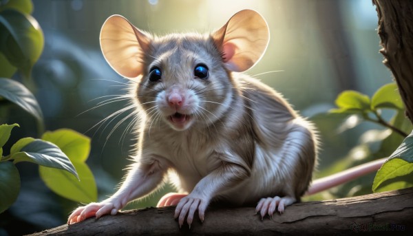 HQ,solo,looking at viewer,open mouth,blue eyes,outdoors,day,blurry,tree,no humans,depth of field,blurry background,animal,leaf,fangs,sunlight,cat,plant,nature,claws,realistic,branch,animal focus,mouse,whiskers,moss,forest,white fur,foliage