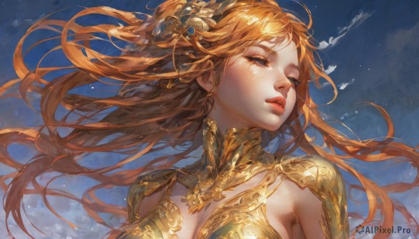 1girl,solo,long hair,breasts,brown hair,hair ornament,cleavage,medium breasts,closed eyes,upper body,parted lips,sky,day,cloud,orange hair,armor,blue sky,lips,eyelashes,floating hair,wind,shoulder armor,portrait,pauldrons,red lips,gold armor,bangs,shiny,shiny hair,looking to the side,looking away,realistic,nose