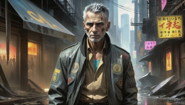 HQ,solo,looking at viewer,short hair,blue eyes,shirt,1boy,closed mouth,jacket,upper body,white hair,grey hair,male focus,outdoors,open clothes,solo focus,day,collared shirt,belt,open jacket,black jacket,blood,facial hair,scar,ground vehicle,building,motor vehicle,beard,scar on face,yellow shirt,injury,blood on face,city,sign,realistic,mustache,car,road,manly,old,badge,old man,street,leather jacket,leather,cyberpunk