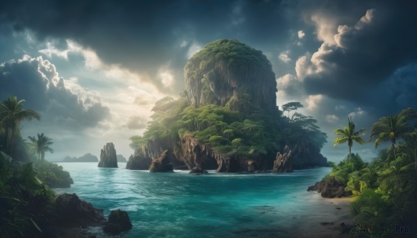 outdoors,sky,day,cloud,water,tree,blue sky,no humans,ocean,beach,cloudy sky,plant,nature,scenery,rock,sand,palm tree,horizon,waves,shore,cliff,island,forest,fantasy,landscape