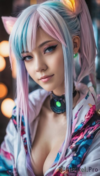 1girl,solo,long hair,breasts,looking at viewer,smile,bangs,blue eyes,animal ears,cleavage,jewelry,medium breasts,closed mouth,blue hair,jacket,upper body,ponytail,pink hair,white hair,sidelocks,multicolored hair,earrings,open clothes,choker,cat ears,blurry,two-tone hair,lips,streaked hair,eyelashes,makeup,depth of field,blurry background,realistic,nose,cyberpunk,twintails,artist name,collar,freckles,bokeh