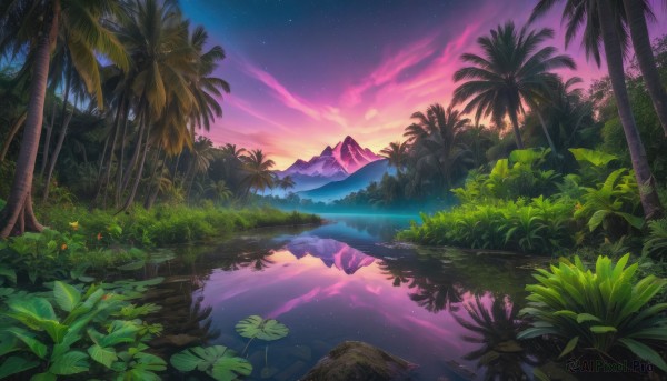 outdoors, sky, cloud, water, tree, no humans, night, plant, star (sky), nature, night sky, scenery, starry sky, reflection, sunset, mountain, palm tree