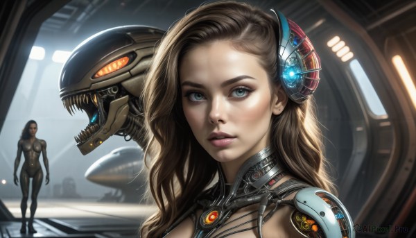 HQ,long hair,looking at viewer,blue eyes,multiple girls,brown hair,black hair,2girls,standing,parted lips,teeth,lips,bodysuit,makeup,helmet,robot,mecha,science fiction,realistic,nose,cyborg,alien,spacecraft,cyberpunk,1girl,open mouth,hair ornament,green eyes,aqua eyes