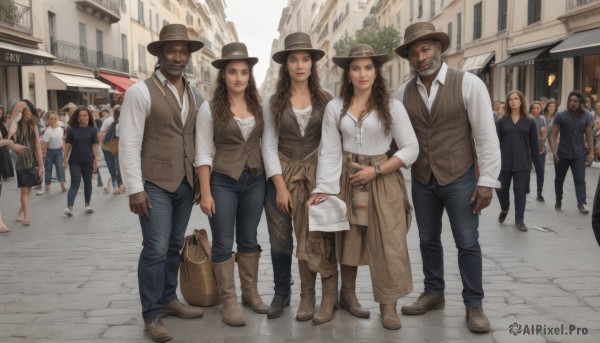 long hair,breasts,looking at viewer,smile,multiple girls,brown hair,shirt,black hair,gloves,long sleeves,hat,holding,brown eyes,jewelry,medium breasts,jacket,white shirt,braid,boots,outdoors,multiple boys,necktie,day,collared shirt,belt,pants,dark skin,3girls,necklace,bag,vest,bracelet,lips,4girls,facial hair,6+girls,wavy hair,brown footwear,black pants,sandals,dark-skinned male,denim,building,beard,sleeves rolled up,walking,6+boys,curly hair,jeans,handbag,city,realistic,mustache,arms at sides,brown headwear,blue pants,road,holding bag,leather,street,cowboy hat,brown vest,crowd,shop,lineup,short hair,skirt,dress,cleavage,standing,full body,shoes,high heels,coat,dress shirt,makeup,sunglasses,lipstick,buckle,high heel boots,watch,belt buckle,wristwatch,brown belt,bald,brown coat