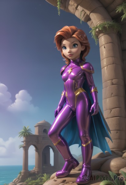 1girl,solo,breasts,looking at viewer,smile,short hair,blue eyes,brown hair,gloves,standing,full body,red hair,small breasts,boots,outdoors,sky,day,cloud,water,cape,armor,high heels,tree,blue sky,lips,bodysuit,ocean,beach,aged down,plant,skin tight,palm tree,purple footwear,superhero,purple bodysuit,ruins