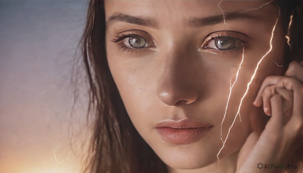 1girl,solo,long hair,looking at viewer,blue eyes,brown hair,black hair,closed mouth,lips,grey eyes,eyelashes,portrait,close-up,freckles,reflection,realistic,nose,electricity,lightning,eye focus,expressionless,serious