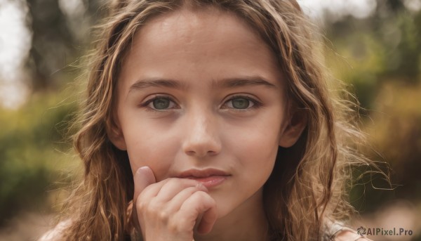 1girl,solo,long hair,looking at viewer,blonde hair,brown hair,closed mouth,green eyes,flower,tears,hand up,blurry,lips,eyelashes,depth of field,blurry background,portrait,close-up,forehead,realistic,nose,bokeh