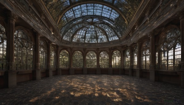 day,indoors,no humans,window,shadow,sunlight,plant,scenery,light rays,stairs,tiles,shade,architecture,sunbeam,tile floor,pillar,ceiling,stained glass,church,arch,column,sky,wooden floor,fantasy,reflective floor,chandelier