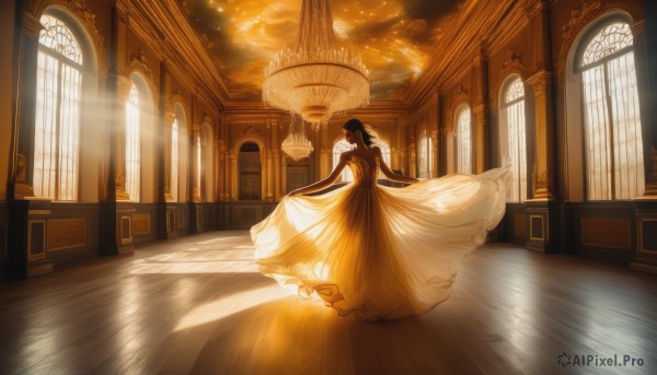 1girl,solo,long hair,black hair,dress,bare shoulders,standing,full body,closed eyes,wings,indoors,from behind,white dress,window,sunlight,scenery,light particles,light rays,wooden floor,skirt hold,long dress,light,yellow dress,architecture,sunbeam,wide shot,pillar,ceiling,church,arch,chandelier,gloves,elbow gloves,shadow,colored skin,dancing,gown