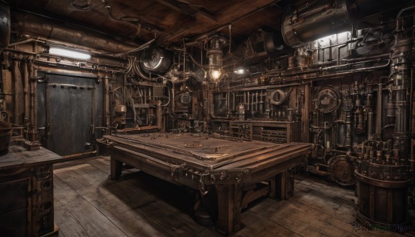 indoors,no humans,window,chair,table,scenery,wooden floor,clock,lamp,gears,barrel,industrial pipe,steampunk,crate,telescope,sunlight,light,ceiling light,wooden wall