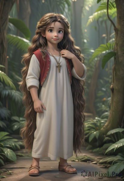 1girl,solo,long hair,looking at viewer,smile,brown hair,dress,brown eyes,jewelry,very long hair,closed mouth,standing,full body,outdoors,signature,necklace,white dress,blurry,vest,tree,lips,leaf,wavy hair,sandals,cross,plant,child,nature,forest,freckles,realistic,red vest,cross necklace,blush,day,artist name,toes,sunlight,curly hair