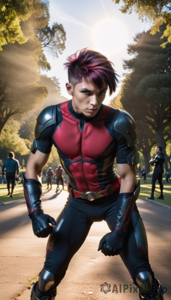 1girl,looking at viewer,short hair,brown hair,black hair,gloves,standing,pink hair,red hair,multicolored hair,boots,outdoors,multiple boys,solo focus,day,black gloves,belt,pants,armor,tree,lips,bodysuit,muscular,scar,piercing,abs,sunlight,skin tight,clenched hands,realistic,nose,sun,muscular female,knee pads,very short hair,undercut,shoulder pads,police,mohawk,6+boys,nose piercing,eyebrow cut