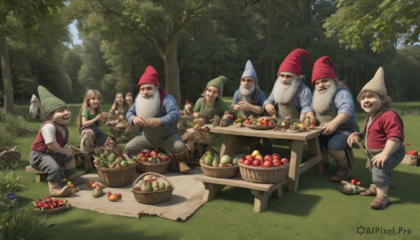 1girl,long hair,smile,open mouth,multiple girls,blonde hair,brown hair,shirt,long sleeves,hat,holding,sitting,standing,closed eyes,short sleeves,boots,outdoors,food,multiple boys,day,pants,tree,cup,fruit,facial hair,bird,chair,brown footwear,eating,table,grass,nature,red headwear,beard,plate,forest,6+boys,mustache,apple,basket,mushroom,old,old man,wizard hat,2girls,white shirt,:d,sky,shoes,vest,squatting,holding food,blue shirt,knife,red shirt,bowl,fantasy,5boys,fat,grapes,banana,fine art parody,tree stump,cart