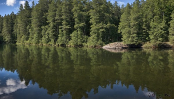 outdoors,sky,day,cloud,water,tree,blue sky,no humans,cloudy sky,nature,scenery,forest,reflection,landscape,moss,fantasy,reflective water,floating island