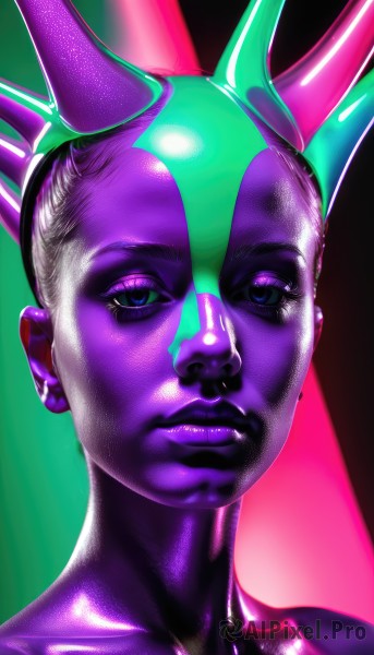 1girl,solo,looking at viewer,short hair,blue eyes,1boy,closed mouth,collarbone,white hair,male focus,horns,shiny,lips,eyelashes,makeup,colored skin,demon horns,portrait,spikes,nose,fake horns,purple skin,pink skin,simple background,animal ears,bodysuit,fake animal ears,green background,shiny clothes