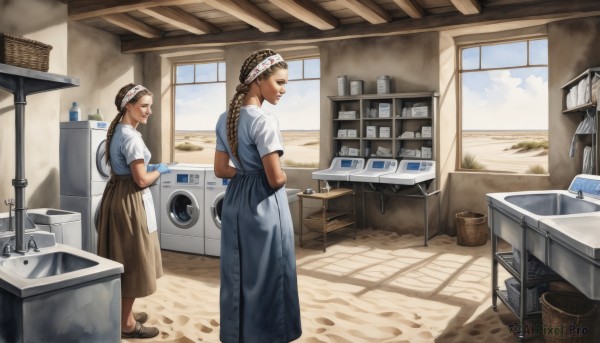 long hair,smile,multiple girls,skirt,brown hair,shirt,black hair,gloves,2girls,standing,closed eyes,white shirt,braid,short sleeves,sky,day,cloud,indoors,looking at another,apron,twin braids,window,single braid,towel,long skirt,brown skirt,braided ponytail,hands in pockets,basket,head scarf,kitchen,shop,sink,cleaning,stove,laundry,washing machine,holding,ponytail,profile,headband,shadow,chair,table,bottle,realistic,bandana,rug