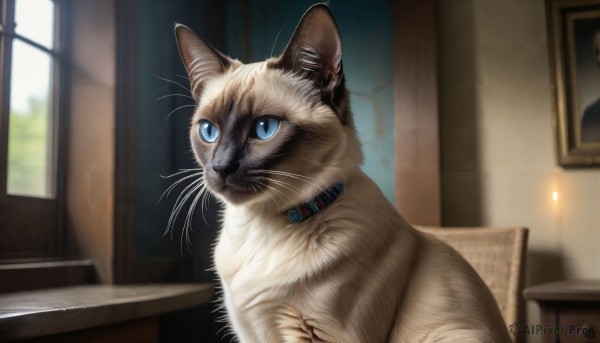 HQ,solo,blue eyes,closed mouth,indoors,blurry,collar,no humans,window,depth of field,blurry background,animal,cat,realistic,animal focus,whiskers,painting (object),portrait (object),sitting,signature,chair,slit pupils,red collar