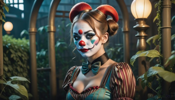 A clown surrounded by a lush window