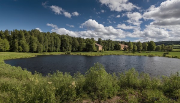 outdoors,sky,day,cloud,water,tree,blue sky,no humans,cloudy sky,grass,nature,scenery,forest,reflection,mountain,river,landscape,building,field,house