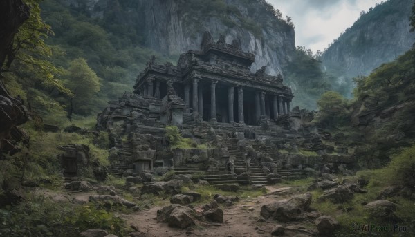 outdoors,sky,day,cloud,tree,no humans,cloudy sky,grass,building,nature,scenery,forest,rock,stairs,mountain,architecture,ruins,landscape,moss,east asian architecture,statue,shrine,stone