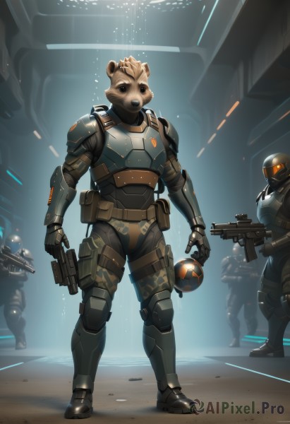 holding,animal ears,standing,full body,weapon,male focus,multiple boys,solo focus,2boys,holding weapon,armor,gun,military,glowing,3boys,helmet,robot,shoulder armor,holding gun,rifle,furry,handgun,ball,science fiction,4boys,pouch,assault rifle,knee pads,multiple others,submachine gun,bear ears,power armor,bullpup,1girl,looking at viewer,open mouth,gloves,1boy,boots,mask,armored boots,camouflage,explosive,grenade