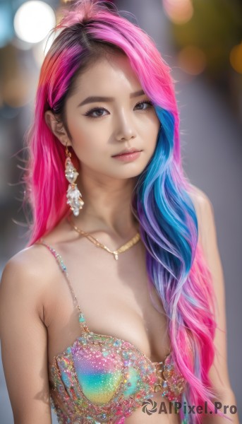 1girl,solo,long hair,breasts,looking at viewer,smile,blue eyes,black hair,cleavage,bare shoulders,brown eyes,jewelry,medium breasts,closed mouth,underwear,blue hair,collarbone,swimsuit,upper body,pink hair,bikini,multicolored hair,earrings,small breasts,artist name,necklace,bra,blurry,two-tone hair,lips,eyelashes,makeup,depth of field,blurry background,watermark,light smile,gem,web address,multicolored clothes,eyeshadow,pink lips,realistic,nose,bokeh,mascara,multicolored bikini,scar