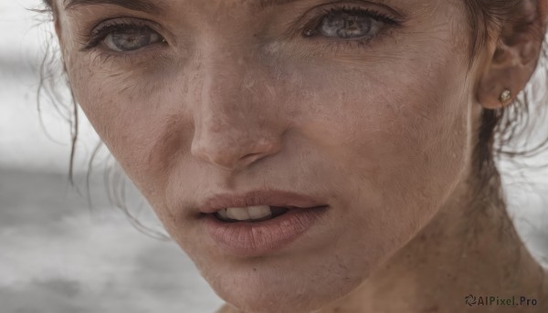 1girl,solo,looking at viewer,open mouth,jewelry,white hair,earrings,parted lips,teeth,cloud,mole,lips,grey eyes,eyelashes,piercing,cloudy sky,portrait,close-up,realistic,mole on cheek,smile,brown hair,black hair,brown eyes,male focus,freckles