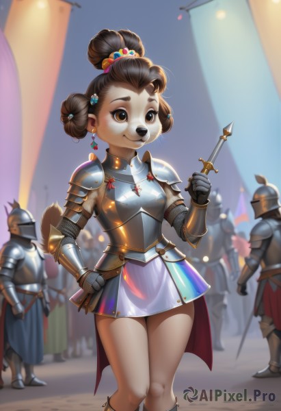 1girl,smile,short hair,skirt,brown hair,hair ornament,gloves,dress,holding,animal ears,brown eyes,jewelry,closed mouth,standing,tail,weapon,earrings,boots,outdoors,multiple boys,solo focus,sword,artist name,hair bun,holding weapon,armor,blurry,hand on hip,blurry background,feet out of frame,holding sword,single hair bun,thick eyebrows,helmet,knife,shoulder armor,gauntlets,dog ears,furry,pauldrons,dog tail,knees together feet apart,breastplate,furry female,dog girl,armored dress,holding knife,dagger,multiple others,faulds,knight,full armor,crowd,brown fur,people,chainmail,plate armor,3others,boobplate,thighs,shiny,cape,looking to the side,double bun,thigh gap,short dress,clenched hand,multicolored clothes,flag,armored boots,body fur,multicolored dress,animal nose,soldier,army