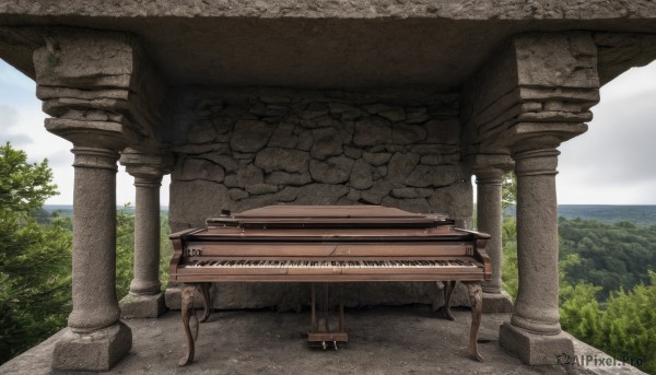 outdoors,sky,day,cloud,tree,blue sky,no humans,cloudy sky,grass,nature,scenery,stairs,bench,bush,ruins,pillar,statue,column,plant,instrument,landscape,piano,grand piano