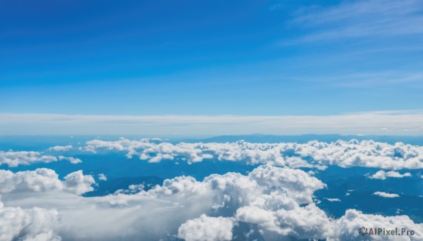 monochrome,outdoors,sky,day,cloud,water,blue sky,no humans,bird,ocean,cloudy sky,scenery,blue theme,horizon,landscape,above clouds