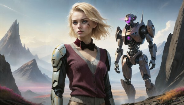 HQ,1girl,solo,breasts,short hair,blue eyes,blonde hair,bow,cleavage,medium breasts,standing,upper body,outdoors,parted lips,sky,day,cloud,bowtie,medium hair,vest,lips,looking to the side,detached collar,glowing,robot,mecha,glowing eyes,science fiction,mountain,realistic,nose,glowing eye,facial tattoo,mountainous horizon,fog,dust,jacket,blue sky,messy hair,injury,dirty,damaged