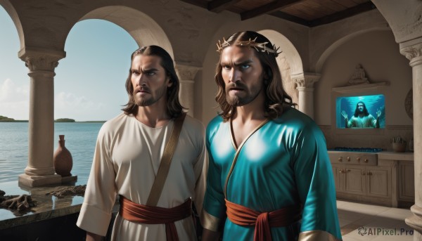 long hair,blue eyes,brown hair,brown eyes,closed mouth,standing,upper body,male focus,multiple boys,sky,day,2boys,water,sash,facial hair,ocean,beard,robe,mustache,pillar,father and son,tunic,white robe,column,black hair,parody,crossover,crown,scenery,realistic,head wreath,animification,statue,laurel crown