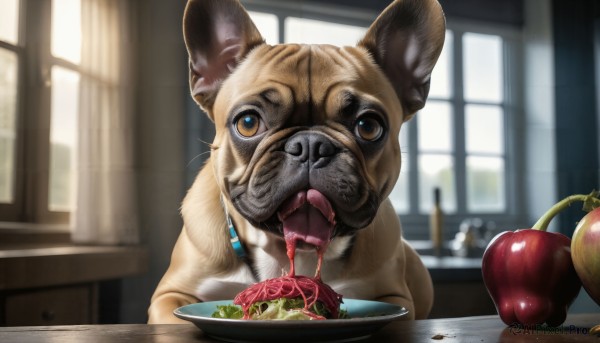 HQ,solo,looking at viewer,open mouth,brown eyes,food,tongue,indoors,tongue out,blurry,no humans,window,saliva,fruit,depth of field,blurry background,animal,eating,bowl,realistic,apple,animal focus,mouse,meat,whiskers,tomato,day,table,drooling,plate,dog,fork