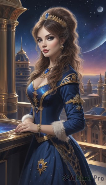 1girl,solo,long hair,breasts,looking at viewer,smile,blue eyes,brown hair,hair ornament,long sleeves,dress,cleavage,brown eyes,jewelry,medium breasts,standing,earrings,outdoors,parted lips,sky,necklace,bracelet,lips,fur trim,makeup,night,blue dress,watermark,wavy hair,moon,tiara,crown,lipstick,gem,star (sky),night sky,full moon,starry sky,fantasy,railing,red lips,planet,pillar,balcony,bangs,artist name,water,nail polish,eyeshadow,realistic