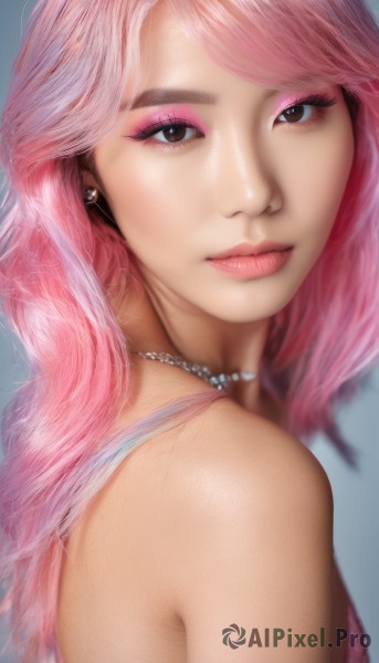 1girl,solo,long hair,looking at viewer,bangs,simple background,bare shoulders,brown eyes,jewelry,closed mouth,upper body,pink hair,multicolored hair,earrings,necklace,black eyes,lips,eyelashes,makeup,swept bangs,lipstick,portrait,eyeshadow,realistic,nose,eyeliner,pearl necklace,mascara,blue background