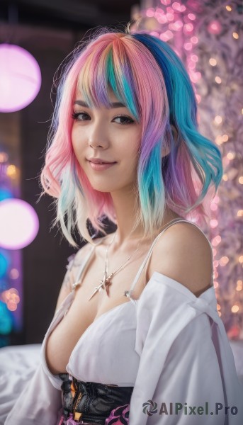 1girl,solo,breasts,looking at viewer,smile,short hair,bangs,dress,cleavage,bare shoulders,brown eyes,jewelry,medium breasts,blue hair,collarbone,upper body,pink hair,multicolored hair,parted lips,medium hair,necklace,off shoulder,blurry,black eyes,two-tone hair,lips,gradient hair,blurry background,cross,corset,realistic,nose,cross necklace,streaked hair