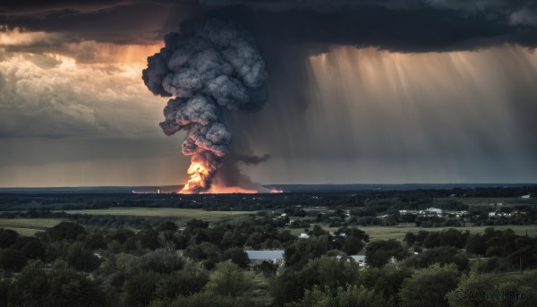 solo,outdoors,sky,cloud,water,armor,tree,no humans,ocean,sunlight,cloudy sky,fire,nature,scenery,forest,mountain,giant,river,landscape,smoke,city,horizon